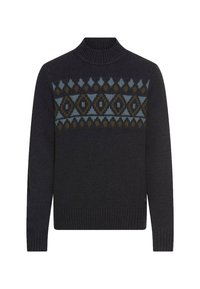 Marineblauer Strickpullover mit hohem Kragen, der ein geometrisches Muster aus Rauten und Dreiecken in Blau, Braun und Dunkelgrün über die Brust zeigt.