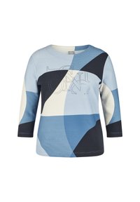 Blaues und marineblaues Langarmhemd mit geometrischen Mustern, strukturiertem Stoff und einem dekorativen Detail aus Strasssteinen auf der Vorderseite.