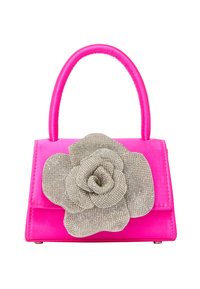 Rosa håndtaske med en struktureret design, prydet med en tekstureret sølvrose dekoration på fronten og et indpakket håndtag.