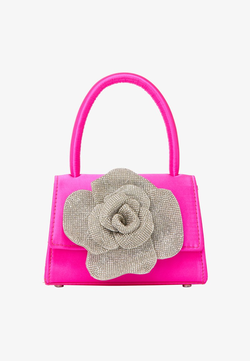 Rosa håndtaske med en struktureret design, prydet med en tekstureret sølvrose dekoration på fronten og et indpakket håndtag.