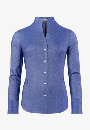 Blue shirt with a high collar, long sleeves, and a button-down front. Made from a textured fabric with a subtle pattern and white buttons.