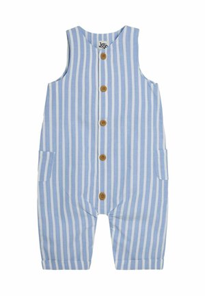 Salopette per bambini a righe blu e bianche, con chiusura a bottoni sul davanti, spalline e tasche laterali, realizzata in tessuto leggero.
