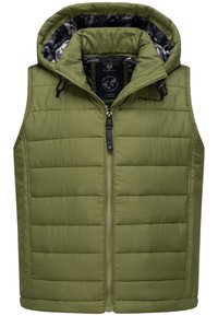 Gilet imbottito verde oliva con chiusura a zip, cappuccio regolabile e fodera in camouflage nero. Presenta una texture trapuntata e un logo ricamato.