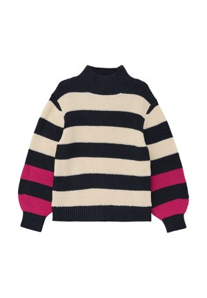 Streifenstrickpullover in Marineblau, Creme und Rosa, mit einem funnel neck und Ballonärmeln für zusätzlichen Volumen.