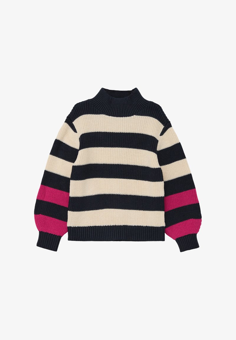 Streifenstrickpullover in Marineblau, Creme und Rosa, mit einem funnel neck und Ballonärmeln für zusätzlichen Volumen.