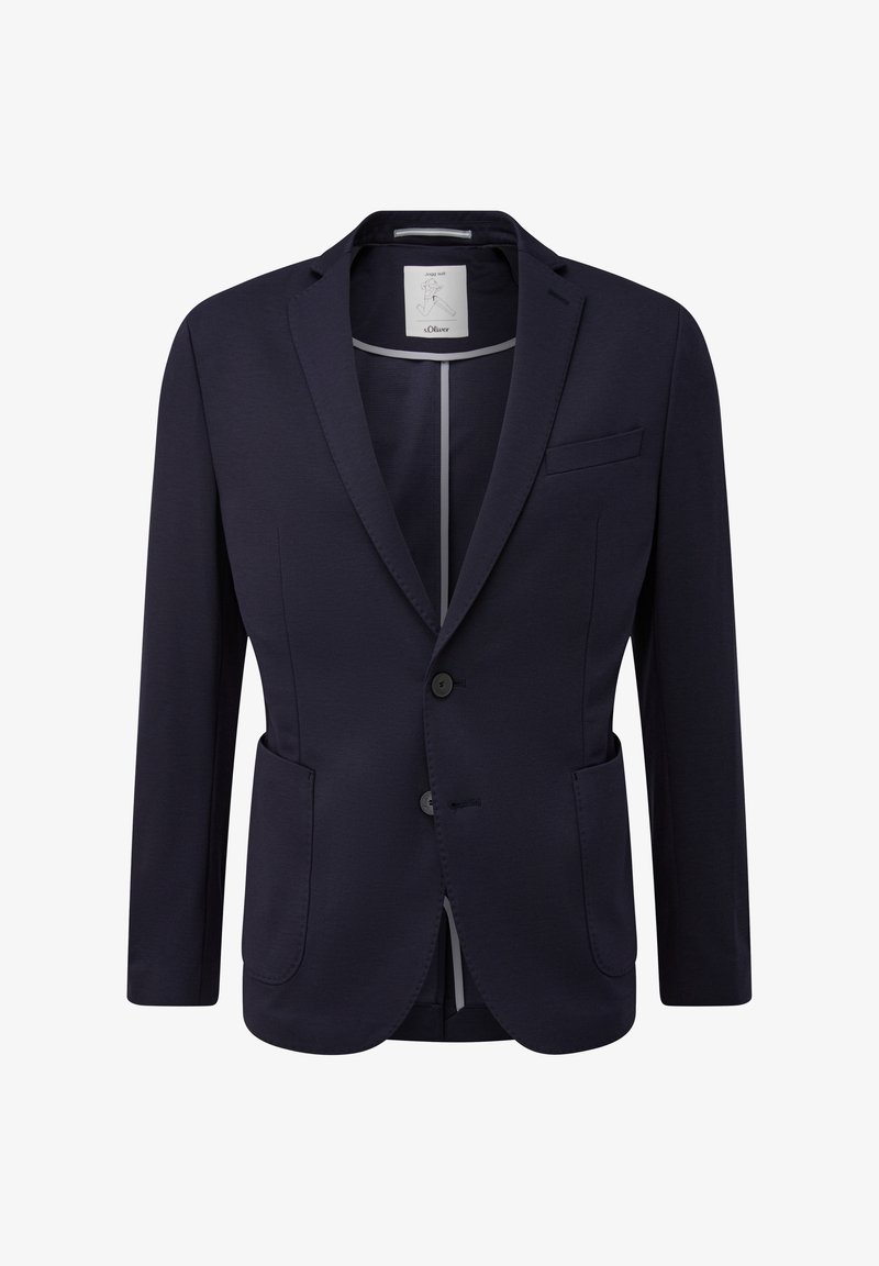 Granatowa marynarka wykonana z gładkiego materiału, z zapięciem na jeden guzik, dwoma kieszeniami z przodu oraz klapą typu notch.