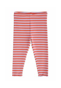 Children's leggings with horizontal pink and orange stripes, ribbed texture, and elastic waistband.