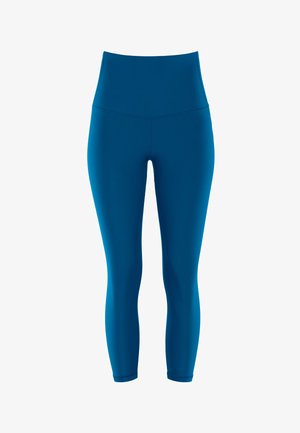 Hochtaillierte, enganliegende Leggings in einfarbigem Petrol. Hergestellt aus glattem, dehnbaren Material mit einem schlichten Design und ohne sichtbare Verzierungen.