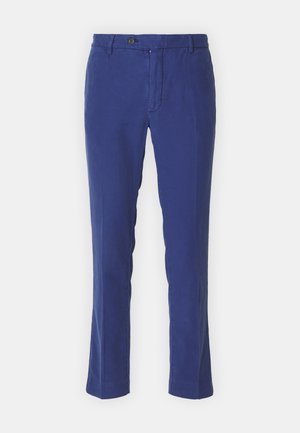 Blue linen trousers with a straight-leg cut, featuring a front zipper, button closure, and belt loops. Smooth texture, no patterns present.
