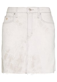 Denim skirt in light beige with a faded pattern, frayed hem, and silver button closure. Features two front pockets and subtle branding.