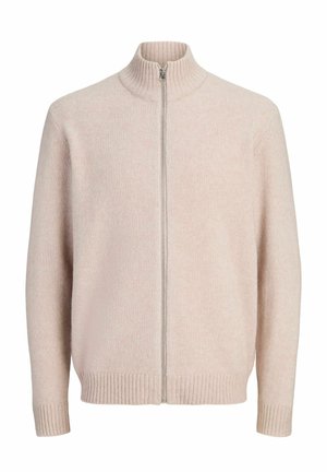 Pull beige zippé intégral avec col, poignets et ourlet côtelés, en tissu tricoté doux.