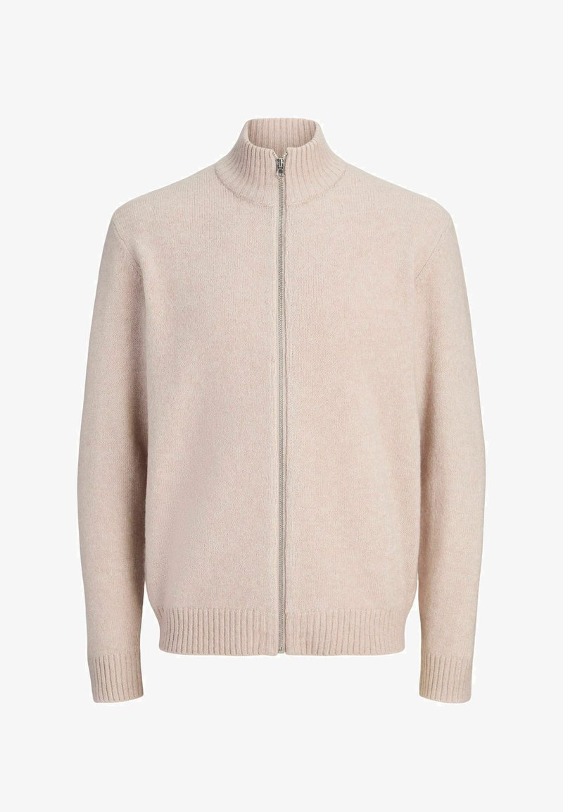 Pull beige zippé intégral avec col, poignets et ourlet côtelés, en tissu tricoté doux.