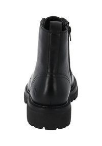 Schwarzer Lederknöchelstiefel mit glatter Oberfläche, rundem Zehenbereich und einer langlebigen Gummisohle. Verfügt über einen seitlichen Reißverschluss und ein geprägtes Logodetail.