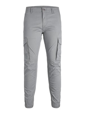 Lichtgrijze cargobroek met elastische boorden, voorzien van twee zijzakken en een knoopsluiting. Gemaakt van lichtgewicht stof met een gladde textuur.