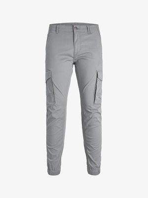 Light gray cargo pants with elastic cuffs, featuring two side pockets and a button closure. Made from lightweight fabric with a smooth texture.