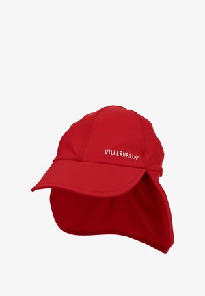 Chapeau de soleil rouge en tissu léger, avec un bord incurvé et un rabat pour le cou pour une protection contre le soleil. Logo affiché à l'avant.