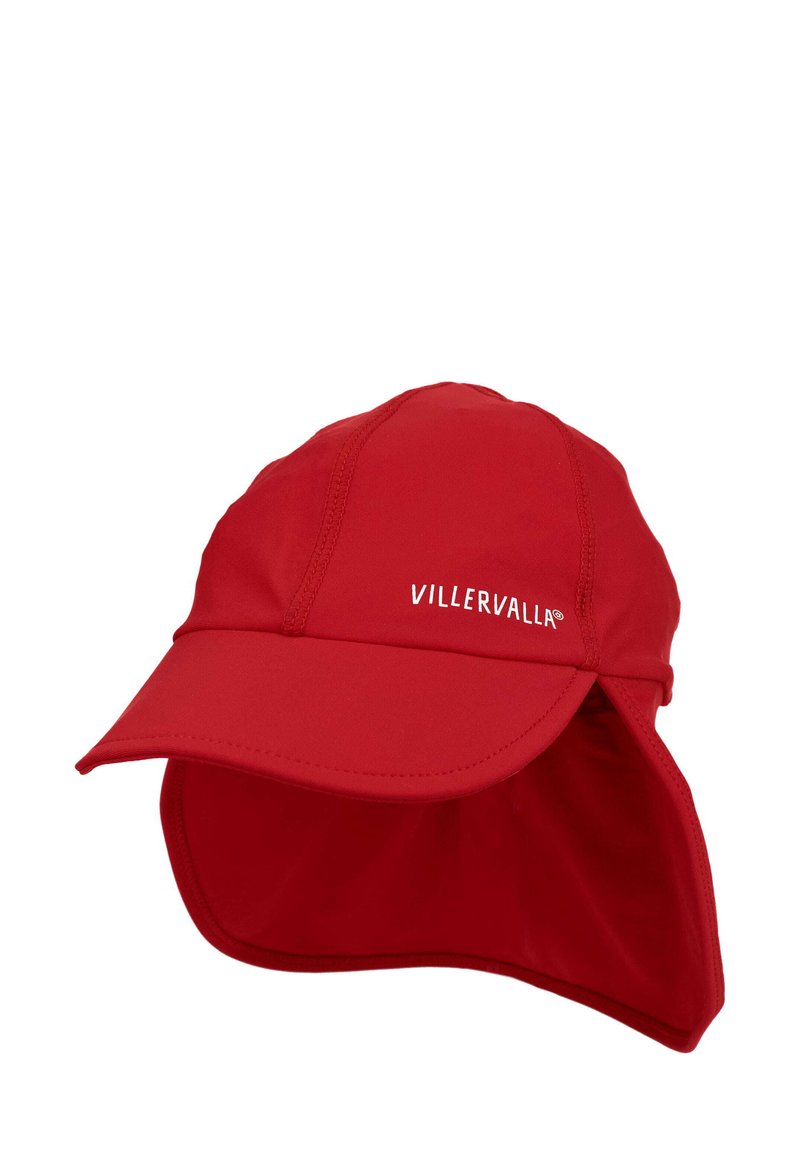 Cappello da sole rosso in tessuto leggero, con una visiera curva e un'apertura per il collo per protezione dal sole. Logo visibile sulla parte anteriore.