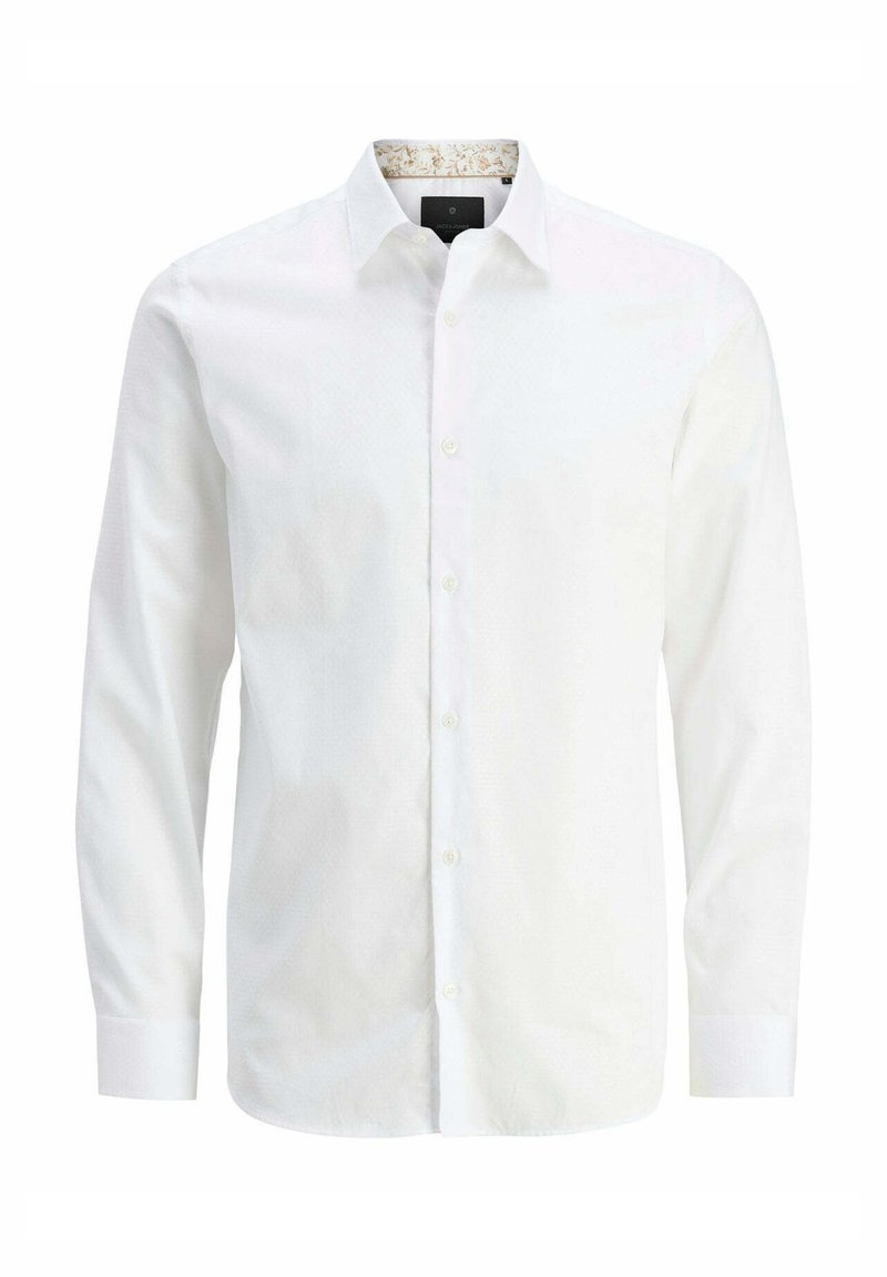 Camisa blanca de manga larga con cuello estampado, diseño clásico de botones, textura suave y corte ajustado con puños de botón.