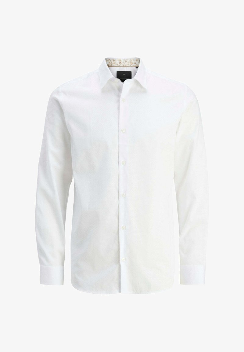 Camicia bianca a maniche lunghe con colletto con motivo, design classico con bottoni, tessuto morbido e vestibilità slim con polsini a bottone.