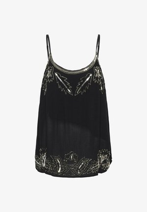 Czarny bezrękawnik z dekoracyjnym srebrnym haftem wzdłuż dekoltu i dołu, z motywami liści i lekkim materiałem.