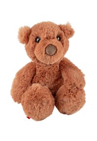 Brown plush teddy bear with a rounded face, soft fur, and a brown nose. It has floppy arms and legs, and large eyes with a gentle expression.