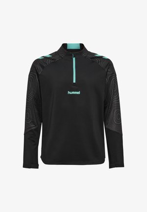 Zwart sportief zip-up shirt met turquoise accenten en een subtiel golfpatroon op de mouwen. Heeft een hoge kraag en lange mouwen.