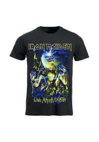 Svart bomull t-skjorte med et fargerikt grafisk trykk av en skjelettfigur med blått hår, omgitt av flammer, og teksten "Iron Maiden Live After Death."