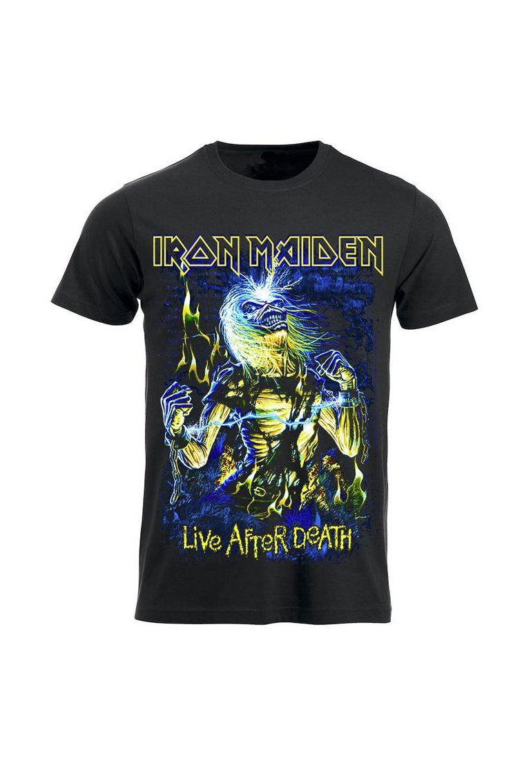 Svart bomull t-skjorte med et fargerikt grafisk trykk av en skjelettfigur med blått hår, omgitt av flammer, og teksten "Iron Maiden Live After Death."