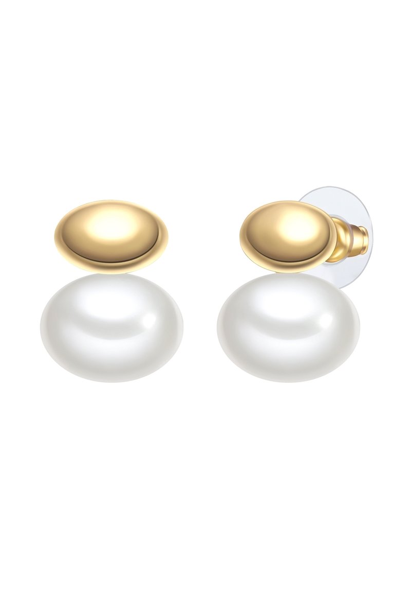 Guldtonade metalörhängen med en slät oval topp och en stor, glänsande vit konstgjord pärla i botten. Har en klassisk stiftdesign.
