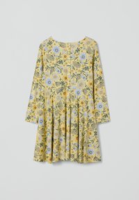 Blumenkleid mit langen Ärmeln, rundem Ausschnitt, knie-lange, aus gelbem Stoff mit blauen und weißen Blumen, mit gerafftem Rockdesign.