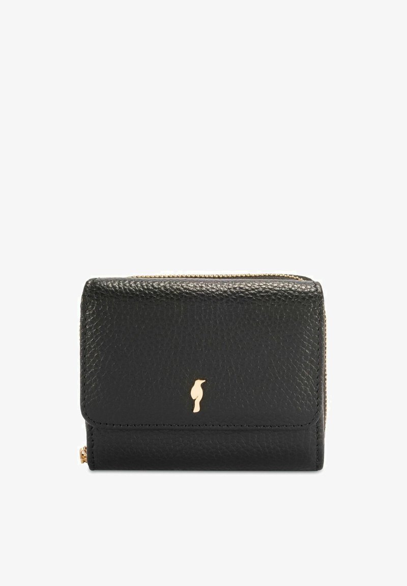 Czarny skórzany portfel o fakturowanej powierzchni, z złotym logo i zamkiem błyskawicznym po bokach. Kompaktowy, prostokątny kształt.