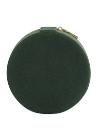 Pochette tonda in suede verde con una texture liscia e zip dorata. Il retro è minimalista, senza ulteriori elementi decorativi.