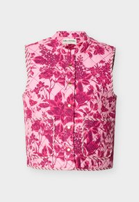 Αμάνικο μπουφάν με καπιτονέ και ροζ και σκούρο ροζ λουλουδάτο σχέδιο, κουμπιά πατιλέτα μπροστά, δύο μπροστινές τσέπες και γιακά όρθιο.