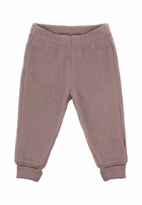 Fleece joggers in muted mauve, featuring ribbed cuffs and elastic waistband with contrasting stitching and a small logo tag on the side.