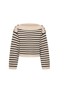 Pull en tricot rayé crème et noir avec un design décolleté, une bordure côtelée et des boutons décoratifs sur les épaules.