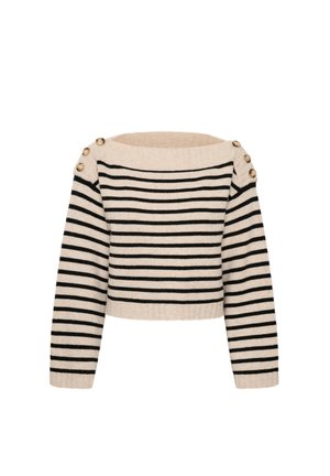 Maglione a righe beige e nero, con scollo ampio ed orlo a coste. Presenta tre bottoni decorativi su ciascuna spalla. Tessuto morbido.