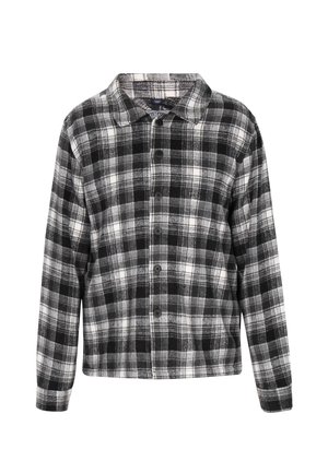 Zwart-wit geruite flanellen shirt met een kraag, lange mouwen, knoopsluiting aan de voorkant en een zachte textuur.