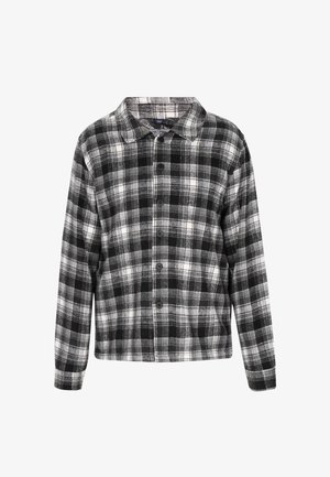 Sort og hvid tartanmønster flannelskjorte med krave, lange ærmer, knaplukning foran og blød tekstur.