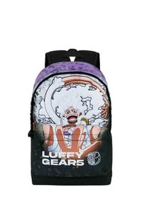 Mochila negra y morada con Luffy de One Piece, con un gran diseño gráfico, textura de tela suave y correas ajustables.