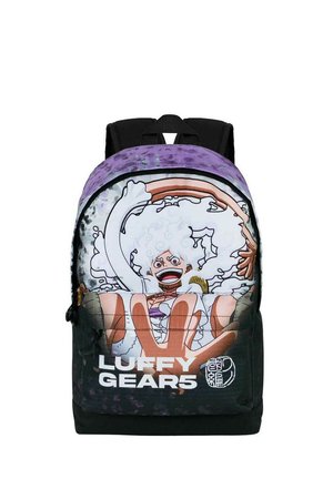 Mochila negra y morada con Luffy de One Piece, con un gran diseño gráfico, textura de tela suave y correas ajustables.
