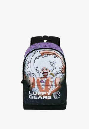 Sac à dos noir et violet avec Luffy de One Piece, doté d'un grand design graphique, d'une texture de tissu lisse et de bretelles ajustables.