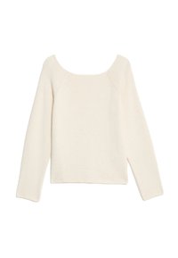 Pull à manches longues de couleur crème avec un col large et arrondi, et une texture tricotée douce.