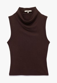 Brązowy bezrękawnik z dekoltem w typie cowl. Wykonany z miękkiego materiału prążkowanego, z dopasowanym krojem i bez widocznych zapięć.