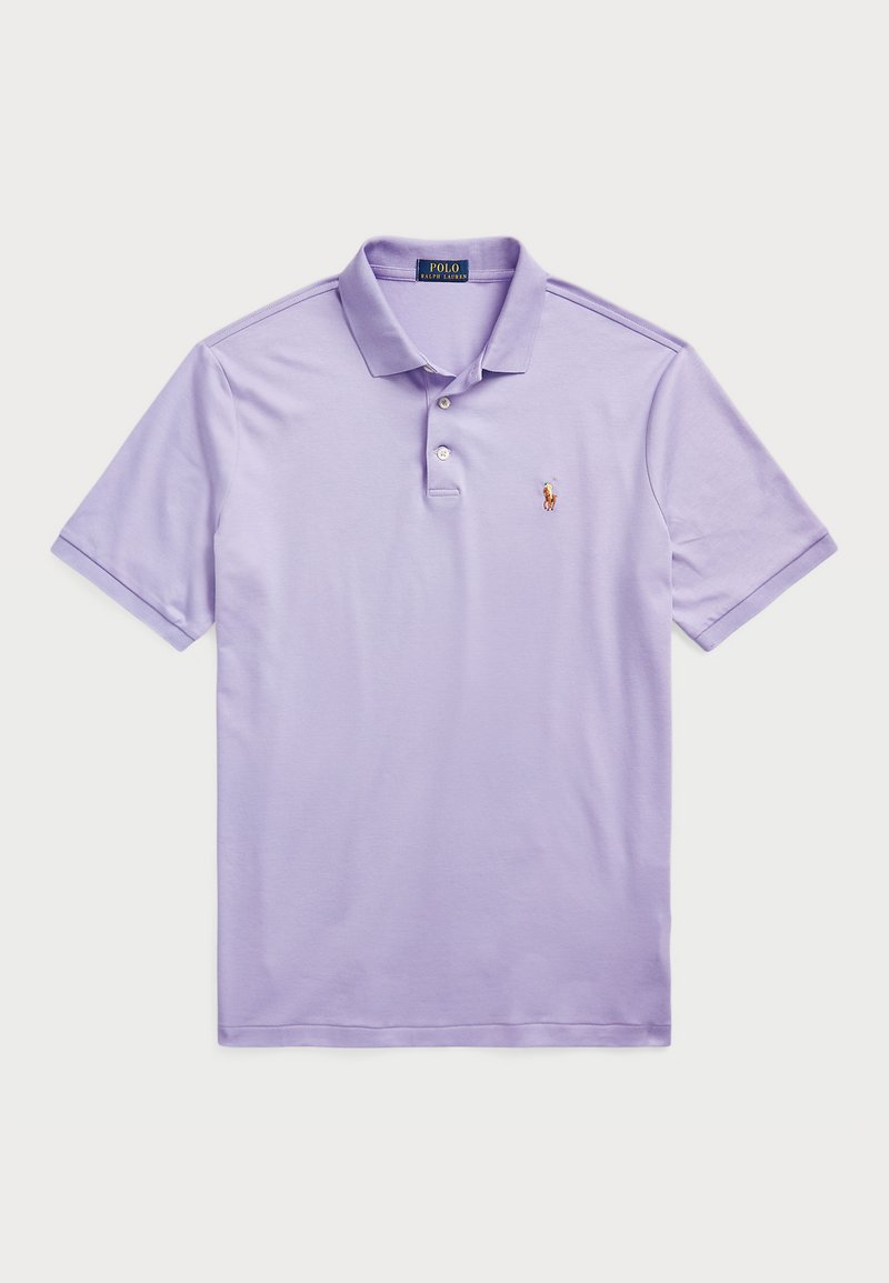 Levendula színű pólóing, pamutból készült, három gombos kivágással, rövid ujjakkal és apró hímzett logóval a mellkasán.