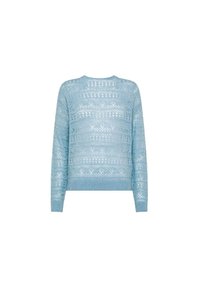 Maglione lavorato a maglia blu chiaro con una texture traforata e un design a motivi, con maniche lunghe e scollatura a girocollo e bordo a costine.