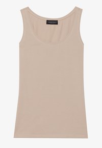 Beżowy, dopasowany tank top wykonany z miękkiej tkaniny. Posiada okrągły dekolt i symetryczne ramiączka. Gładka faktura, bez wzorów ani akcentów.