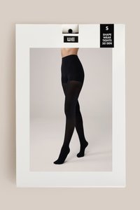 Melna formas veidojošu legingu izmērs S, ar gludu tekstūru, necaurspīdīgu apdari un pastiprinātu pirkstu dizainu. Iepakojums ir minimālistisks un balts.