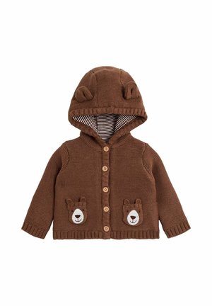 Cardigan bébé marron en tricot avec capuche munie de petites oreilles, doublure rayée, boutons en bois et deux poches avant avec motifs de visage d’ours.