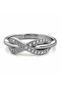 Anello d'argento con bande intrecciate, caratterizzato da una fila di gemme trasparenti su un lato, che creano un design a infinito. Finitura liscia.