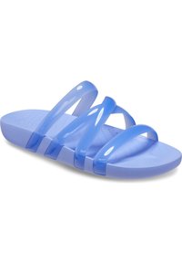 Blue plastic slide sandal with four wide transparent straps. The footbed features a textured surface for grip and comfort.